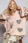 POL Designed in V - neck long sleeve roomy fit hoodie top in chenille - Blush & Cactus