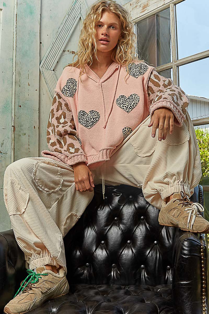 POL Designed in V - neck long sleeve roomy fit hoodie top in chenille - Blush & Cactus