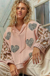 POL Designed in V - neck long sleeve roomy fit hoodie top in chenille - Blush & Cactus
