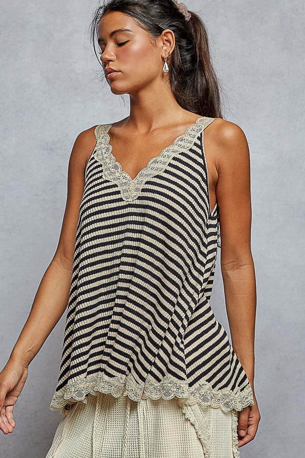 POL V-neck sleeveless, a-line fit top in rib with lace detail