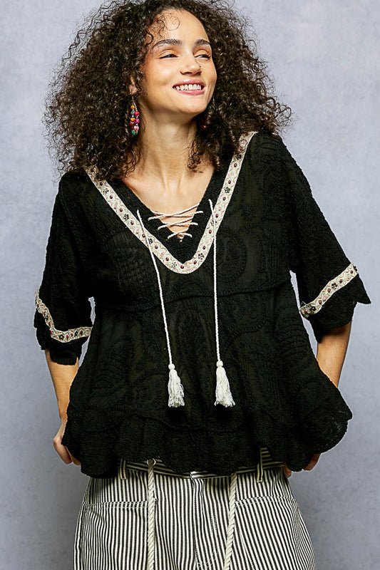 POL V - neck short sleeve roomy fit top - Blush & Cactus