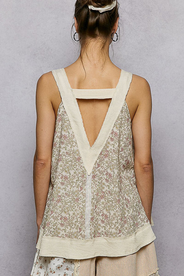 POL V - neck sleeveless regular - fit printed rib patches - Blush & Cactus
