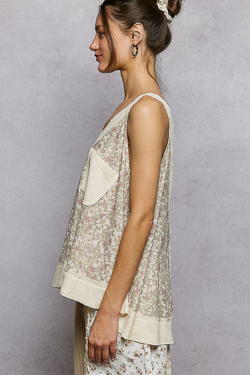 POL V - neck sleeveless regular - fit printed rib patches - Blush & Cactus