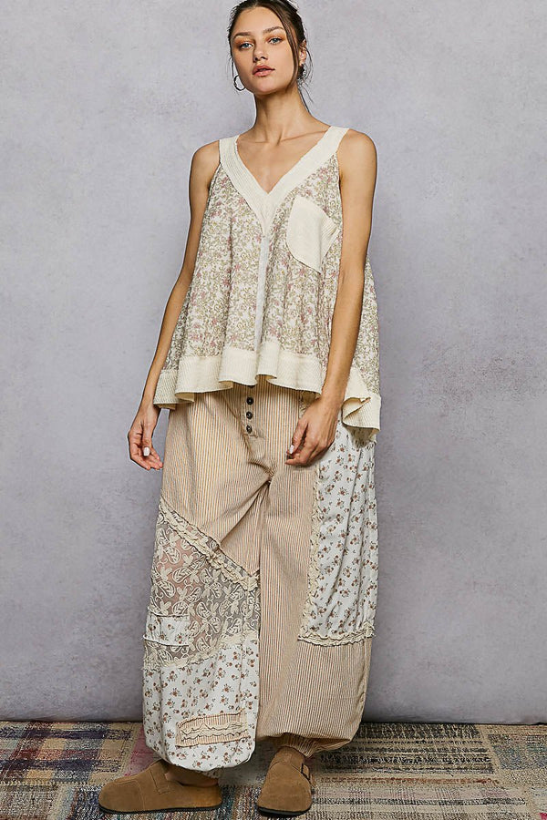 POL V - neck sleeveless regular - fit printed rib patches - Blush & Cactus