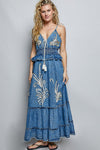 POL Deep V - neck sleeveless long flared denim dress - Blush & Cactus