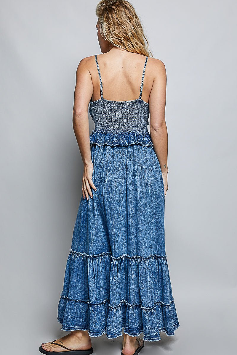 POL Deep V - neck sleeveless long flared denim dress - Blush & Cactus