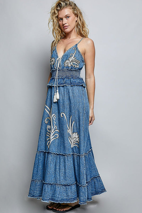 POL Deep V - neck sleeveless long flared denim dress - Blush & Cactus