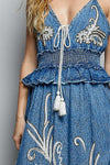 POL Deep V - neck sleeveless long flared denim dress - Blush & Cactus