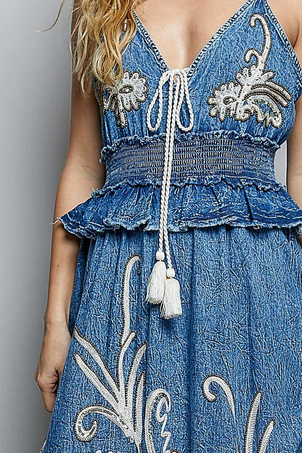 POL Deep V - neck sleeveless long flared denim dress - Blush & Cactus