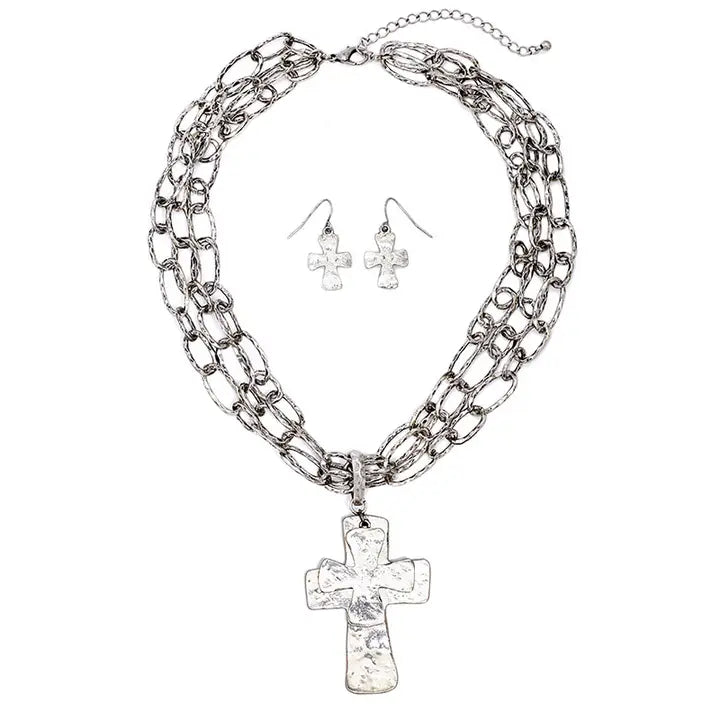 Handcraft Cross and Triple Chain Necklace Set