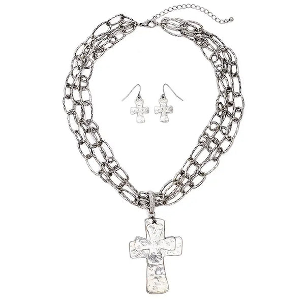 Handcraft Cross and Triple Chain Necklace Set
