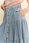 Davi & Dani Denim Button Front Ruffle Hem Denim Maxi Skirt