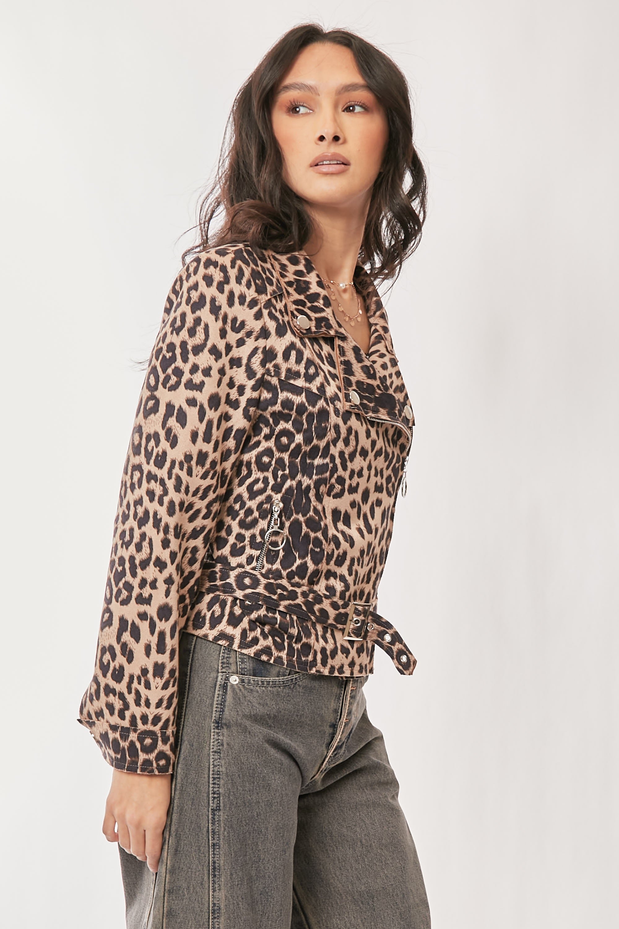 Davi & Dani Leopard Twill Moto Style Biker Jacket Outerwear
