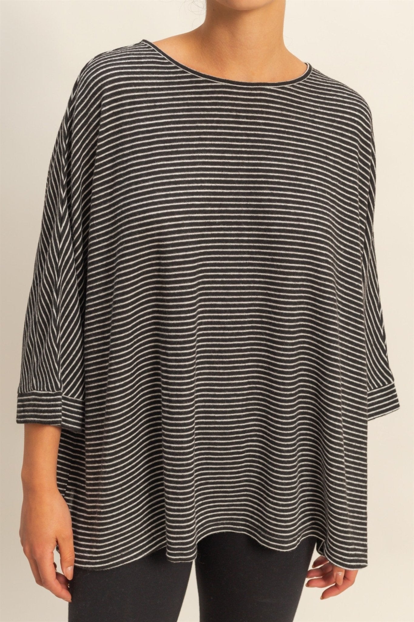 Brushed Fabric Striped Oversized 3/4 Sleeve Top - Blush & Cactus