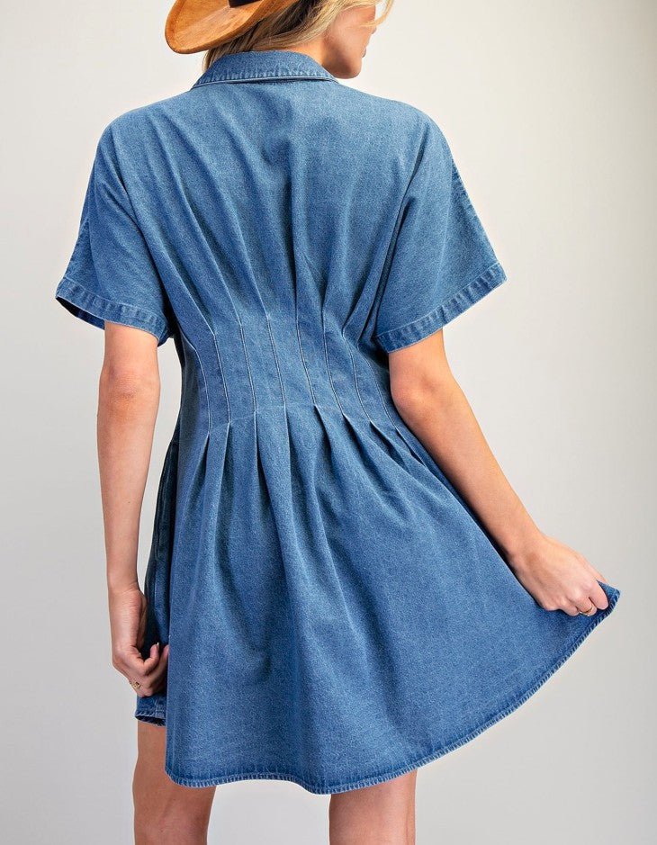 eesome Pleated Button Down Denim Mini Dress - Blush & Cactus