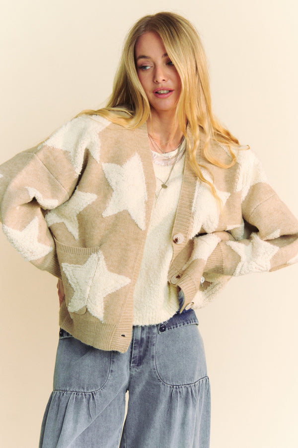Davi & Dani Fuzzy Knit Star Loose Fit Button Down Cardigan