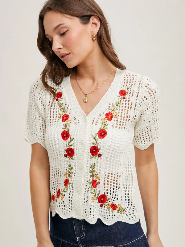 Floral Embroidered Button Down Knit Top