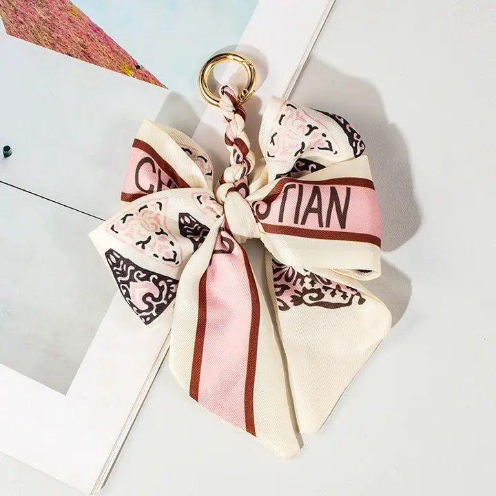 Vintage Lace Print Bow Scarf Bag Charm - Blush & Cactus