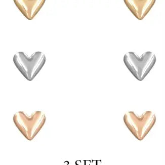 Set of 3 Gold, Silver, and Rose Gold Stud Heart Earrings