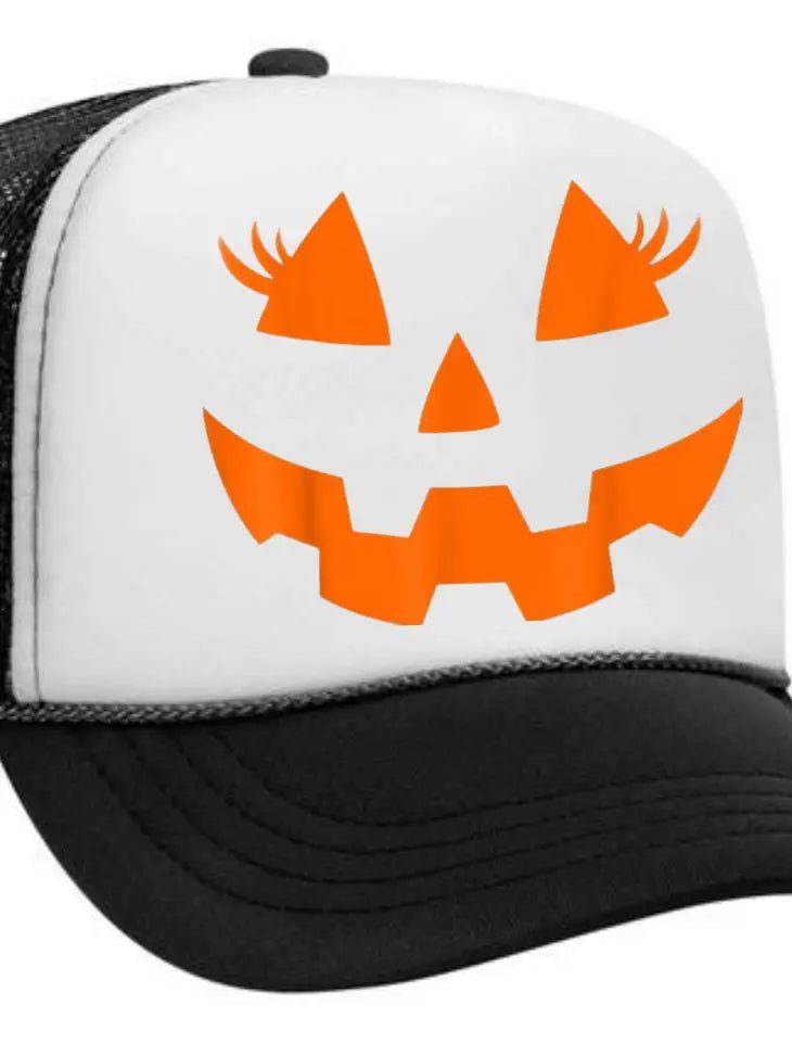 Pumpkin Face with Lashes Halloween Trucker Hat Cap - 3 Colors - Blush & Cactus