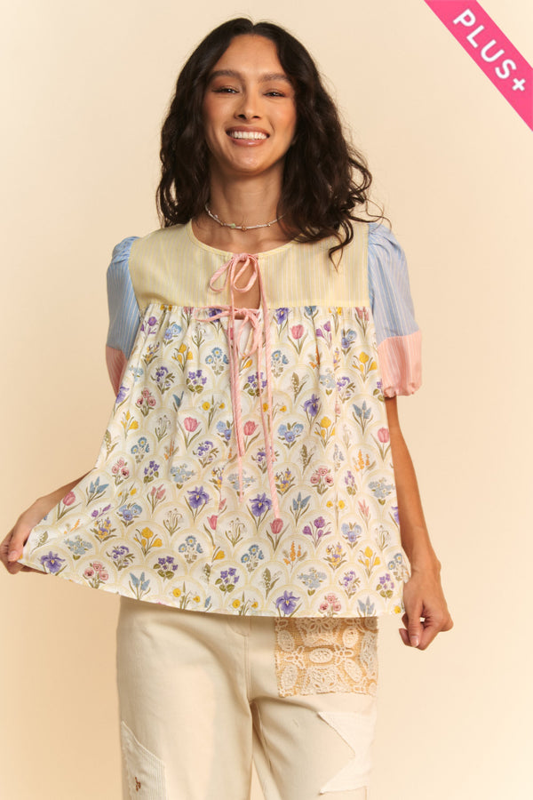 Davi & Dani Stripe Wallpaper Print Tie Front Peasant Top - Curvy Size