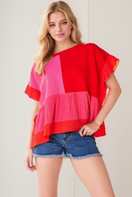 Davi & Dani Mix Match Textured Ruffle Detail Knit Sweater Top - Curvy Size - Blush & Cactus