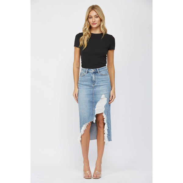 MICA DENIM MIDI SKIRT WITH DISTRESSED - Blush & Cactus