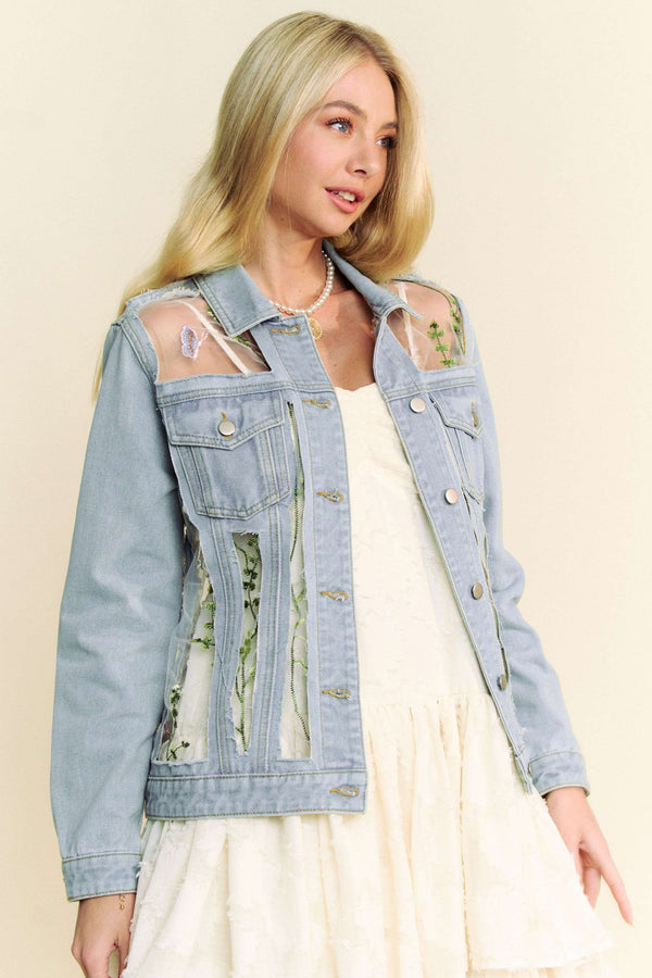 Davi & Dani Floral Embroidery Mesh Button Down Denim Jacket - Curvy Size