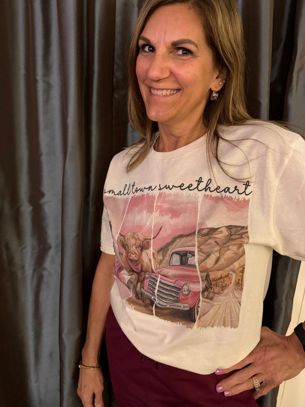Highland Cow Small Town Sweetheart Tee - Blush & Cactus