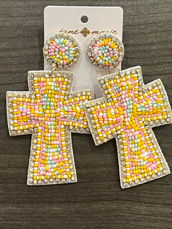 AB Crystal Lined and Multi Beaded Post and Cross Earrings