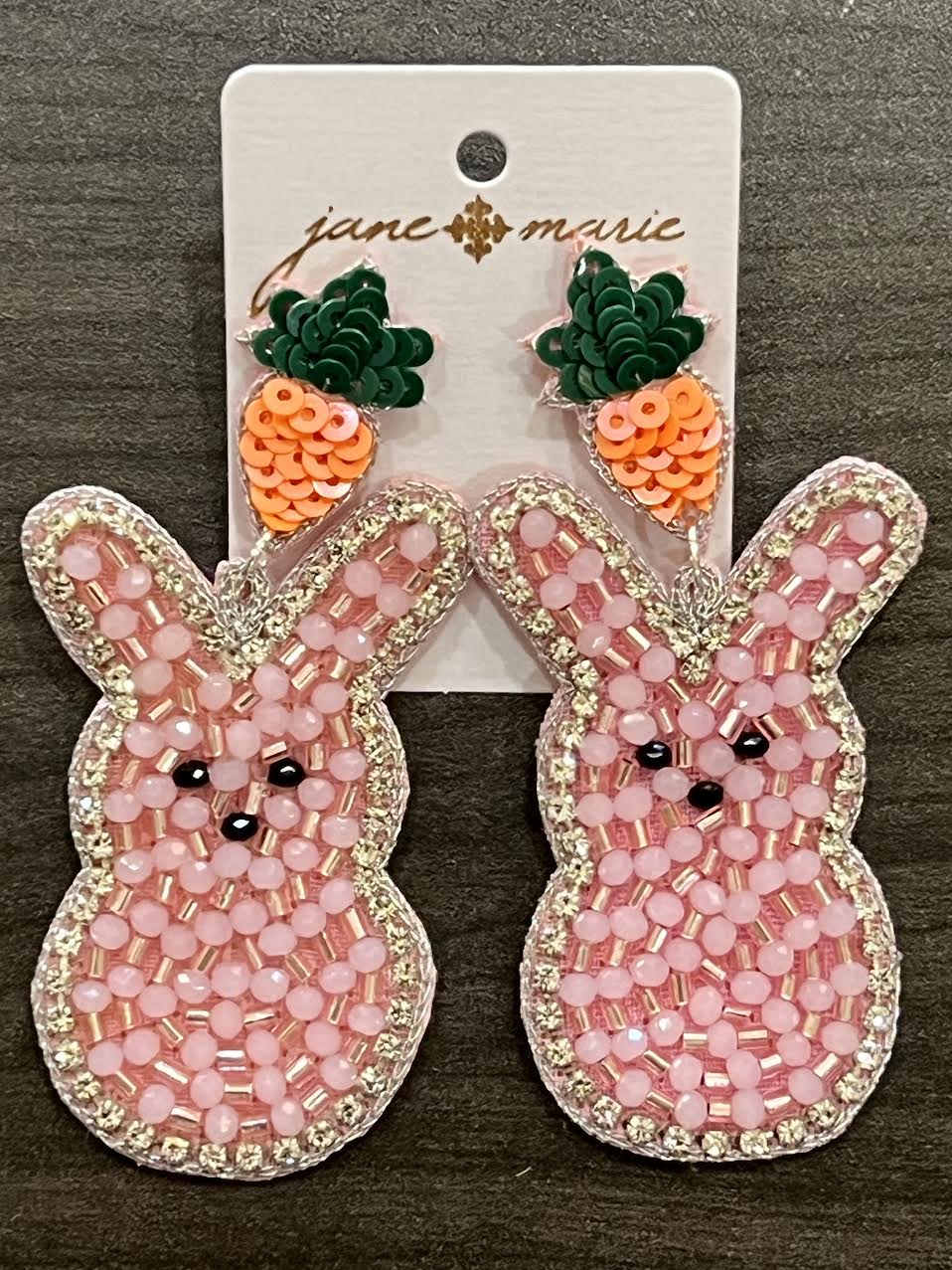 Mini Sequin Carrot Post with Clear Crystal LIned Beaded Bunny Earrings