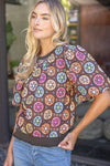 Floral Embroidered Print Bubble Sleeve Top - Blush & Cactus