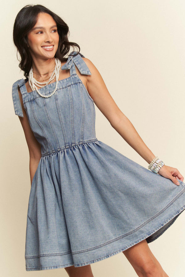 Davi & Dani Strap Smocking Zipper Washed out Denim Mini Dress