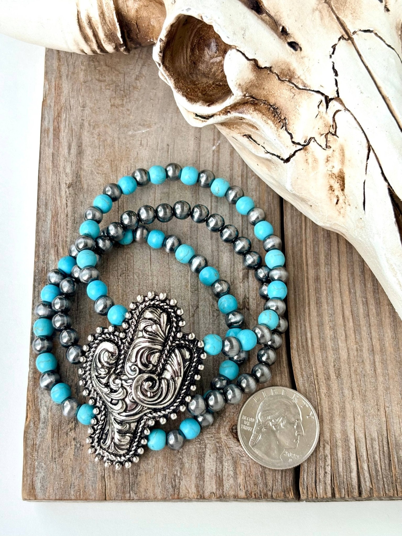 3 Layered Beaded Western Cactus Stretch Bracelet - Blush & Cactus