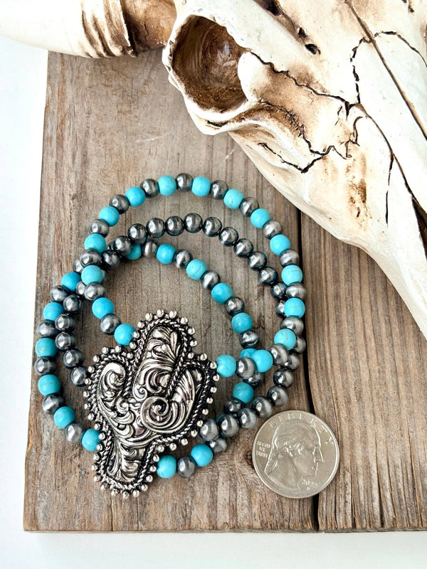 3 Layered Beaded Western Cactus Stretch Bracelet - Blush & Cactus