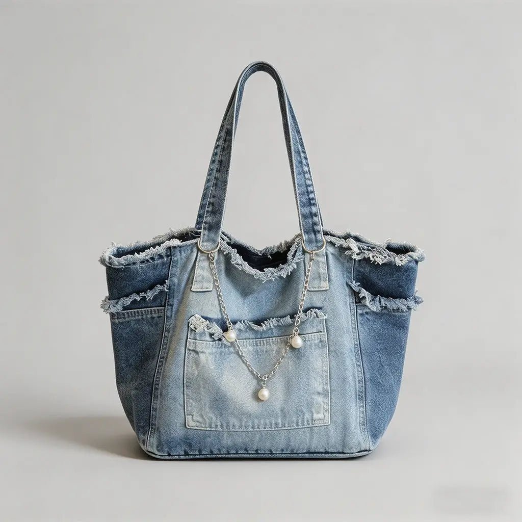 Frayed Edge Denim Tote Bag - 8 patches - Blush & Cactus
