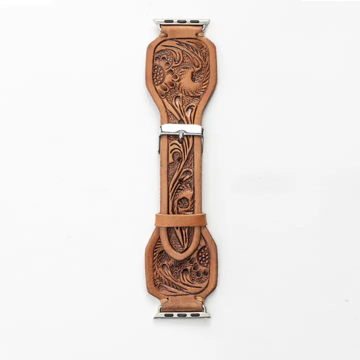 Myra Lone Star Handtooled Leather Watch Band in Antique Saddle Brown