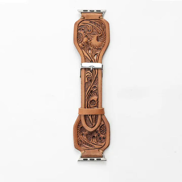 Myra Lone Star Handtooled Leather Watch Band in Antique Saddle Brown