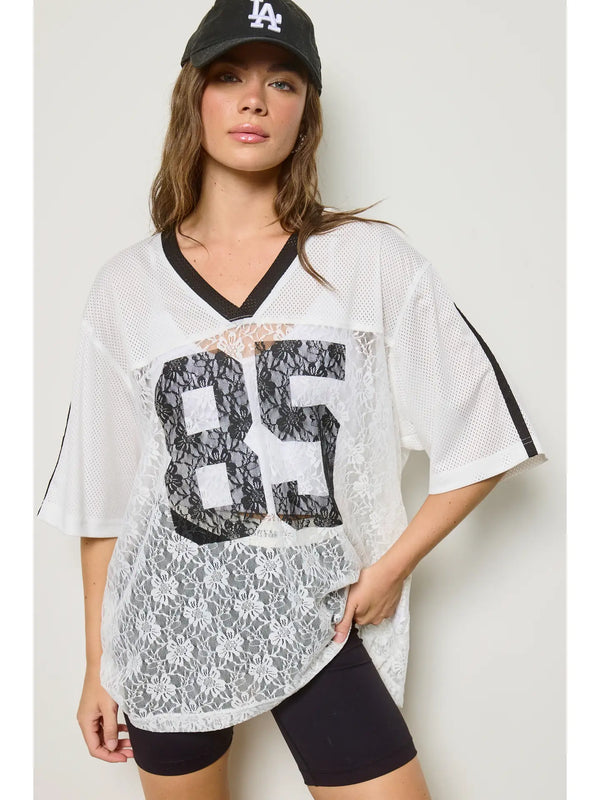 Retro 85 Number Print Lace Detail Top