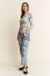 Davi & Dani Multi Printed Mesh Round neck Long Sleeve Top