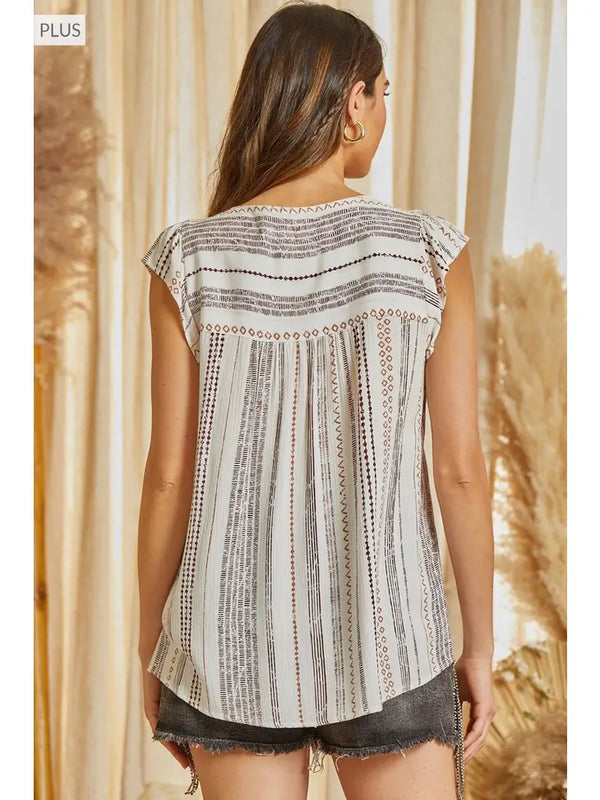 Boho Woven Stripe Embroidered Top- Curvy Size