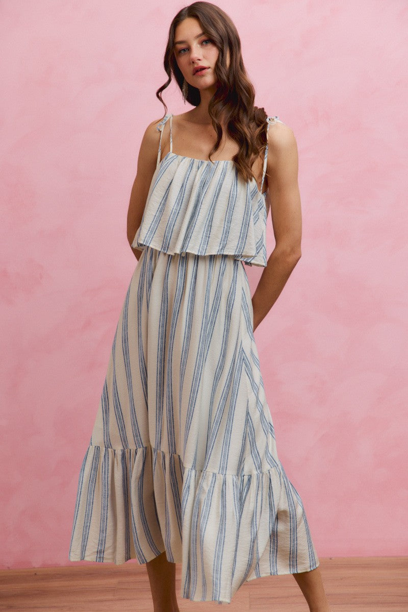 Stripe Tiered Shoulder Tie Midi Lined Dress