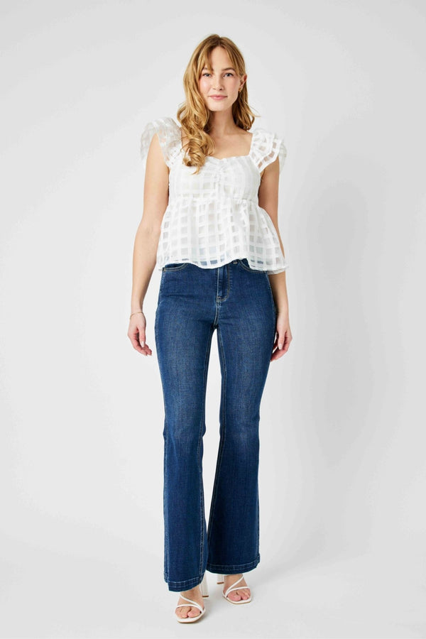 SALE Judy Blue HW Angled Side Seam Detail Flare - Blush & Cactus