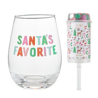 TOTE Wineglass & Popper Gift Set - Christmas Icons Santa's Favorite - Blush & Cactus