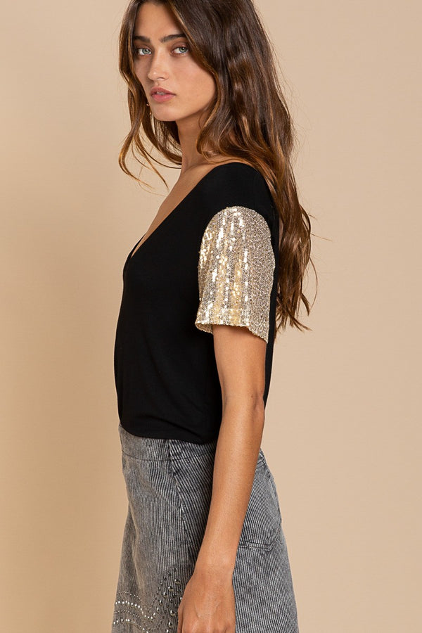 POL Relaxed Fit Low V-neck Sequin Top - 2 Colors