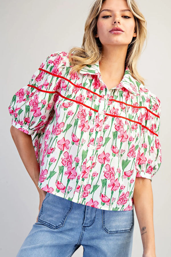 eesome Floral Print Half Sleeve Blouse - Blush & Cactus