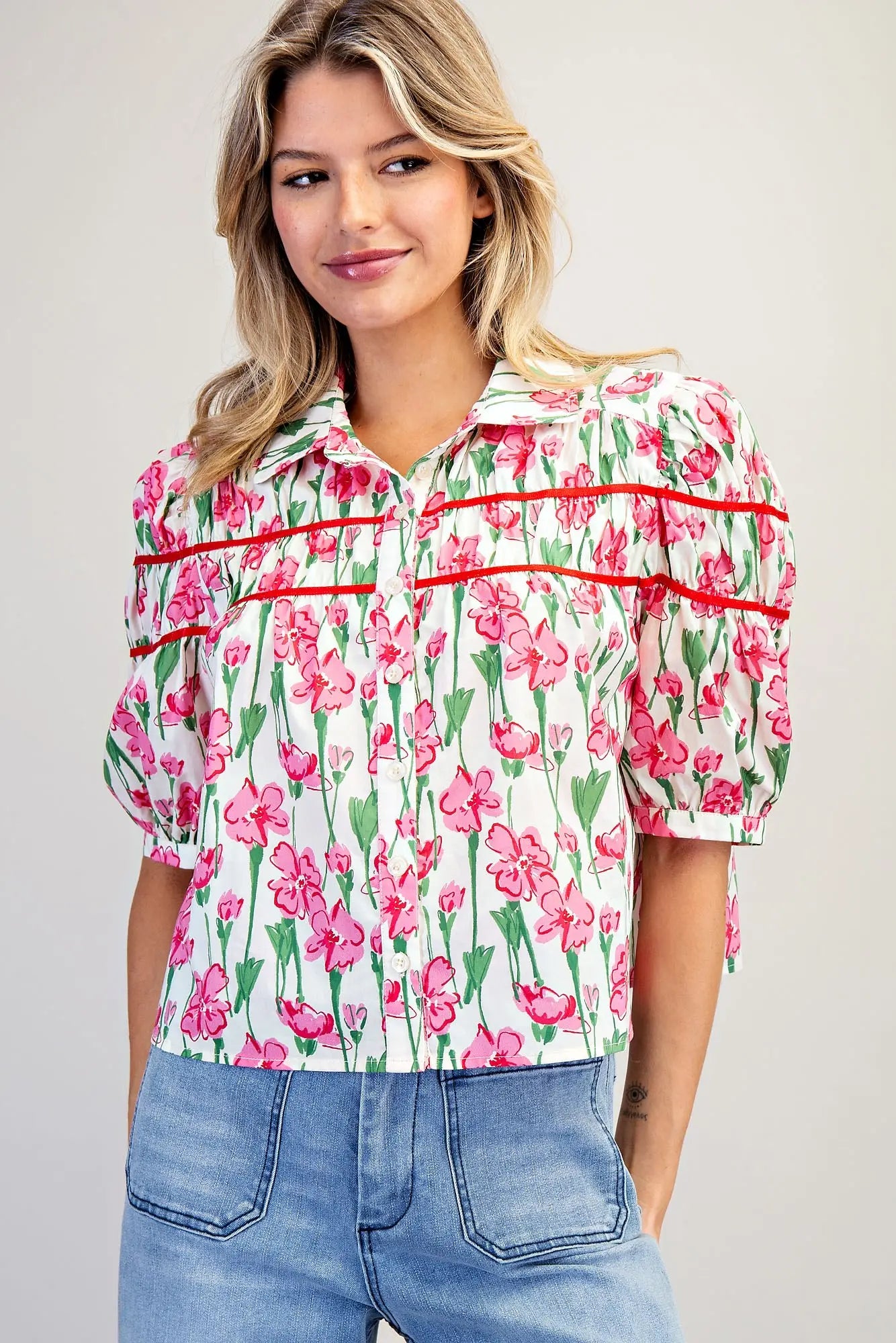eesome Floral Print Half Sleeve Blouse - Blush & Cactus