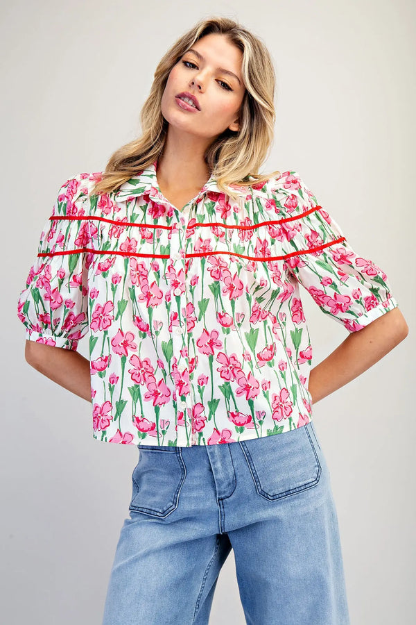 eesome Floral Print Half Sleeve Blouse - Blush & Cactus
