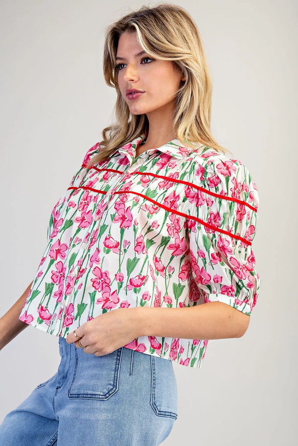 eesome Floral Print Half Sleeve Blouse - Blush & Cactus