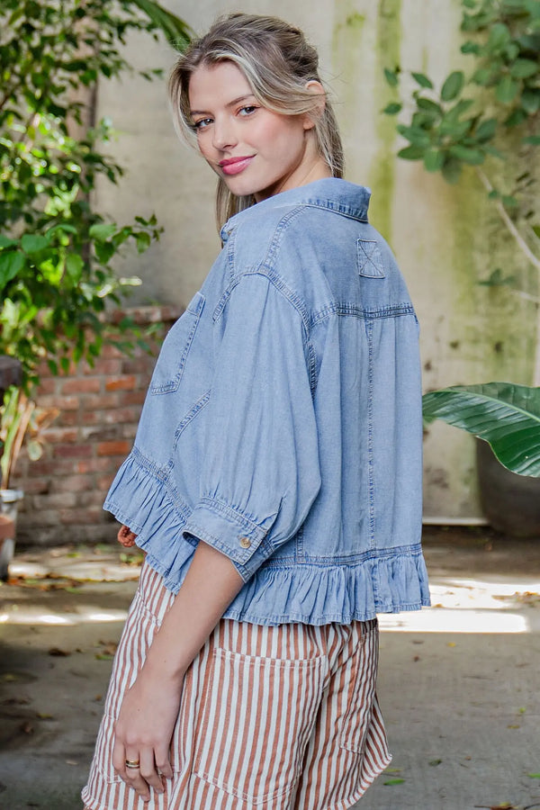 Ruffle & Ready Denim Top - Blush & Cactus